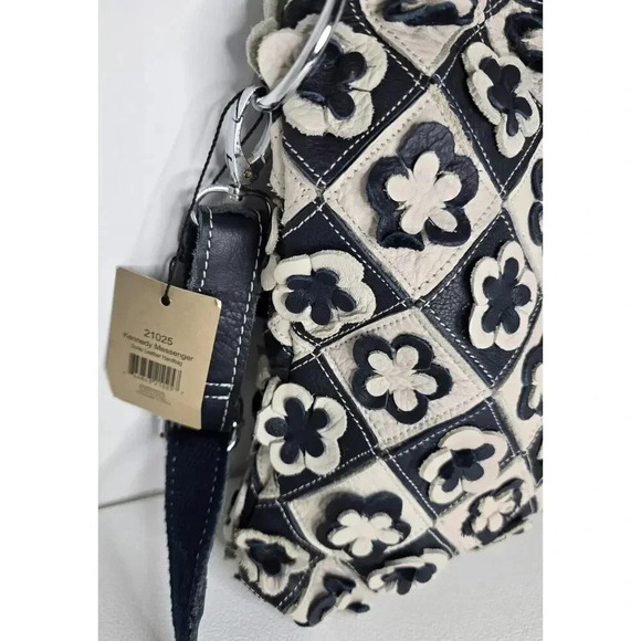 H2Z Leather 3D Floral Navy/Lt. Gray Crossbody Purse Boho Hippie Retro UPCYCLED - Picture 3 of 10